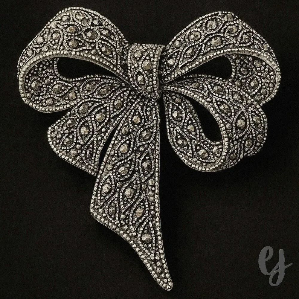 Bow Brooch – Marcasite Style in Silver Tone Openwork Setting with Grey Stones